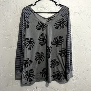 HOTAPEI gray palm leave sheer sleeve long sleeve shirt womens medium boho casual